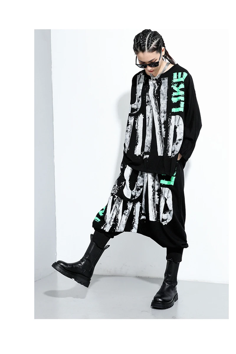 [EAM] High Elastic Waist Black Letter Printed Long Harem Trousers New Loose Fit Pants Women Fashion Spring Autumn 2020 1DA126