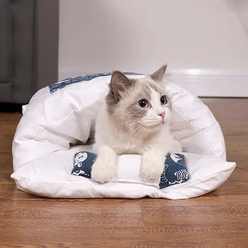 Japanese Cat Bed Warm Cat Sleeping Bag Deep Sleep Cave Winter Removable Pet House Bed for Cats Dogs Nest Cushion with Pillow 4
