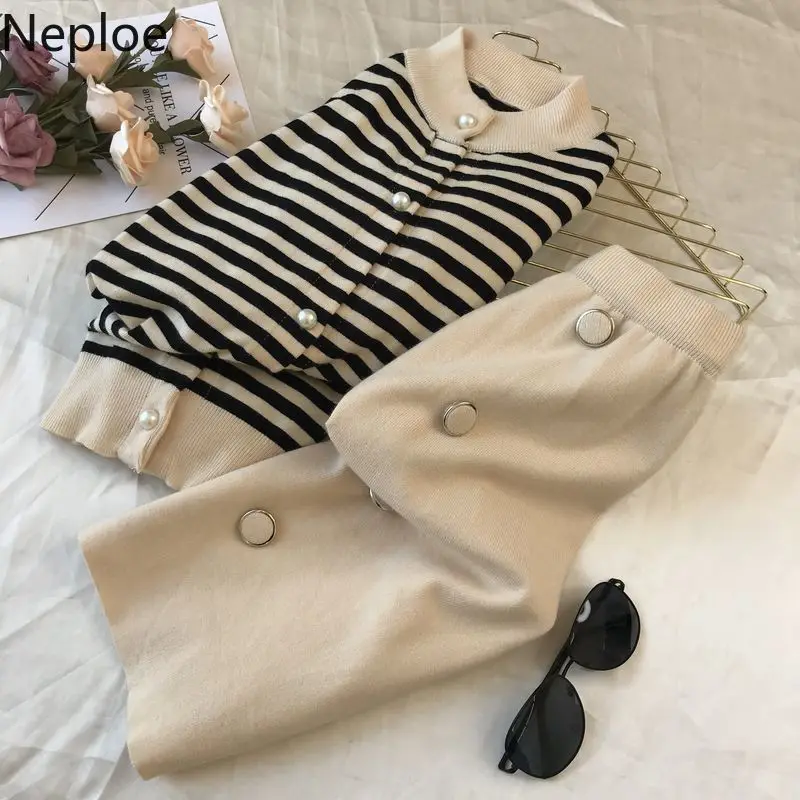 

Neploe Small Fragrance Chandal Mujer Vintage Mature Striped Knit Women Set Autumn Winter Short Cardigans+ Wide Leg Pants 46470