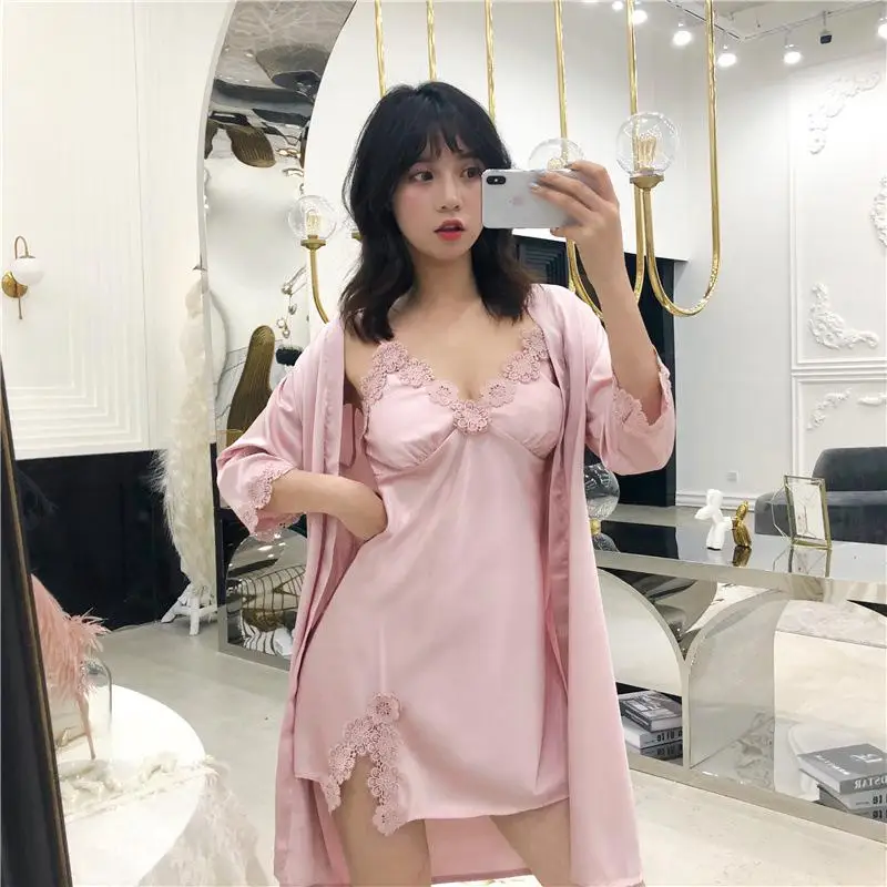 Бордовый весенний ночной халат, пижама, M-XL, сексуальный женский комплект из 2 предметов, топ на бретелях, комплекты одежды для сна, домашняя одежда, ночное кимоно для сна, банное платье - Цвет: Розовый