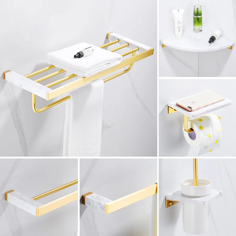 

Brass & Marble Towel Rack/Bar Toilet Brush Tissue Holder Corner Shelf Row Hook White & Gold Bathroom Hardware Accessory New