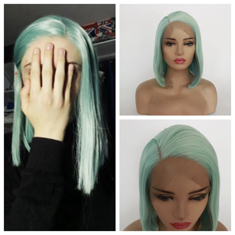 NHAZEL Lace Front Wigs Mint Green Straight Bob Hair For Women Cosplay Heat Resistant Fibers Synthetic | Шиньоны и парики