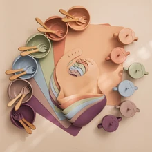 Vajilla de alimentación para bebé sin BPA, cuenco de silicona de grado alimenticio, Mantel Individual, tenedor, cuchara, juego de taza de alimentación, suministros para bebé, 6 piezas