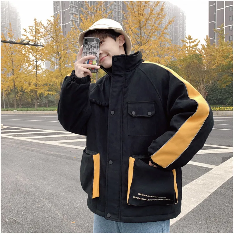 UYUK2019 Winter Jackets Mens New Color Contrast Casual Loose Fashion Trend Plus Velvet Thickening Tool Men's Cotton Coat Clothes