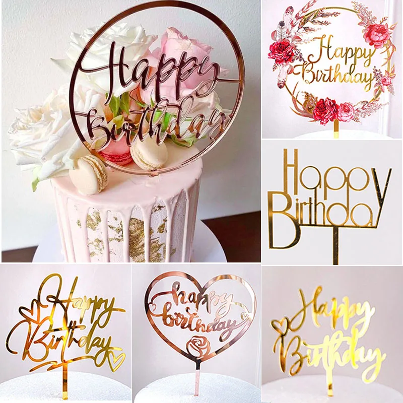 Acrylic Cake Topper Cake-Decorations Baby Shower Happy-Birthday Pink Gold New Party