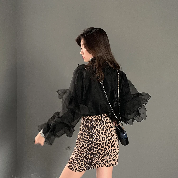Винтажная блузка с оборками и высоким воротником, Женская Расклешенная элегантная женская блузка с длинным рукавом, Повседневная летняя шифоновая блуза для женщин PV14