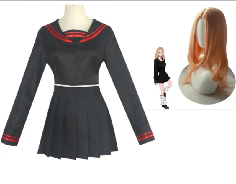 

Tokyo Revengers Cosplay Costumes Tachibana Hinat Chai Pomelo Leaf Cos JK Uniform Black Sailor Suit Anime Skirt Top Wig 3Pcs Set