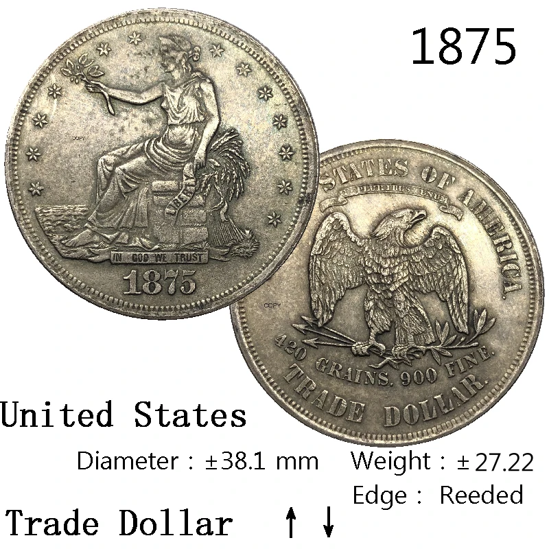 1875 торговля в США 1 доллар свобода Бог мы доверяем девизу 90% серебряная копия