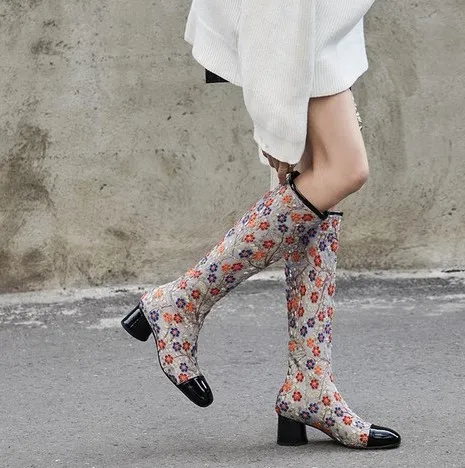 

Big Show Catwalk New Embroidered Flower High Tube and Knee Ladies Boots 2019 Autumn Retro Style Lady Thick with Boots