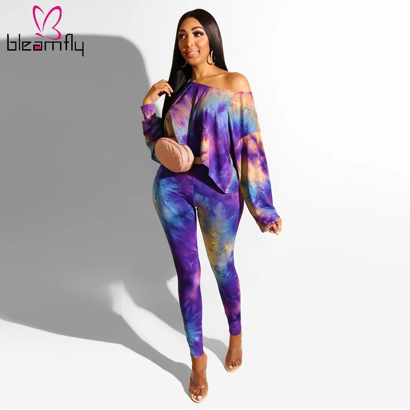 

Casual Tie Dye Printed Two-piece Set Long Sleeve Crop Top Pencil Pants Women's Tracksuit Autumn 2019 Streetwear Fashion Clothing