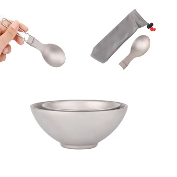 

250ml 450ml Titanium Double Wall Bowl Fruit Plate Ultralight Camping Kitchen Spoon Fork Knife Tableware Outdoor Picnic Tiartisan