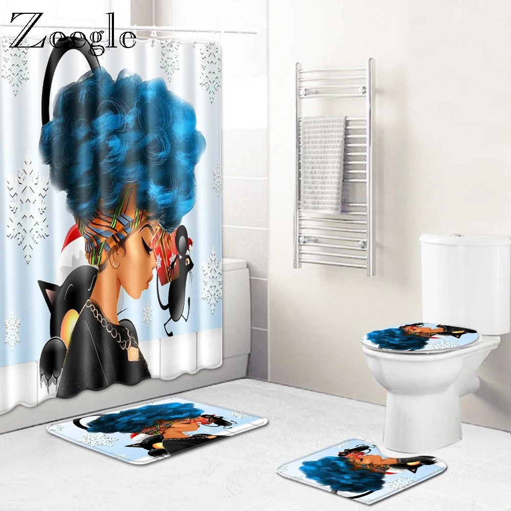 Zeegle 4pcs Printed Bathroom Set Cartoon Non-slip Soft Mat Bathroom Foot Rug Toilet Decoration Comfortable Doormat Toilet Carpet