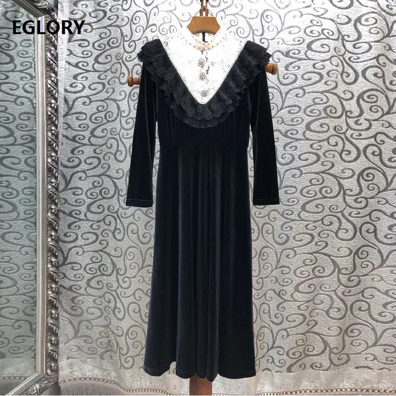 

Velvet Dress 2019 Autumn Winter Party Elegant Dresses Women Stand Neck White Lace Patchwork Mid-Calf Length Black Velour Dress