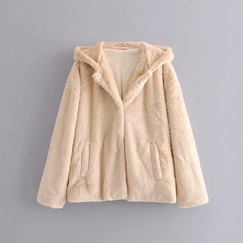 

Western Style WOMEN'S Dress 2019 Winter New Style Solid Color Loose-Fit Hidden Button Plush Hooded Coat Women's