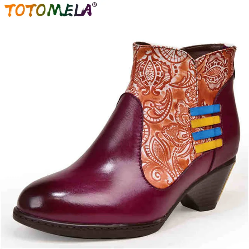 

TOTOMELA EUR SIZE 36-42 Vintage Genuine leather boots women spike high heels mixed color printing ethnic autumn ankle boots