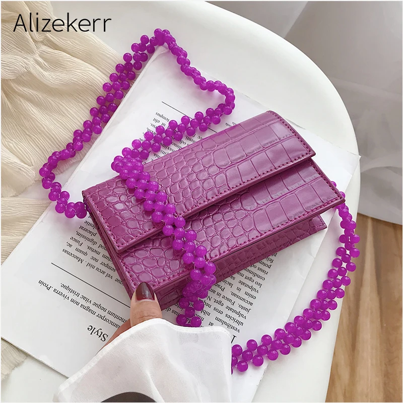 

Beads Chain Shoulder Bag Women Crocodile Pattern Beading Mini Stone Pattern Small Square Crossbody Bags Purses Ladies Fashion