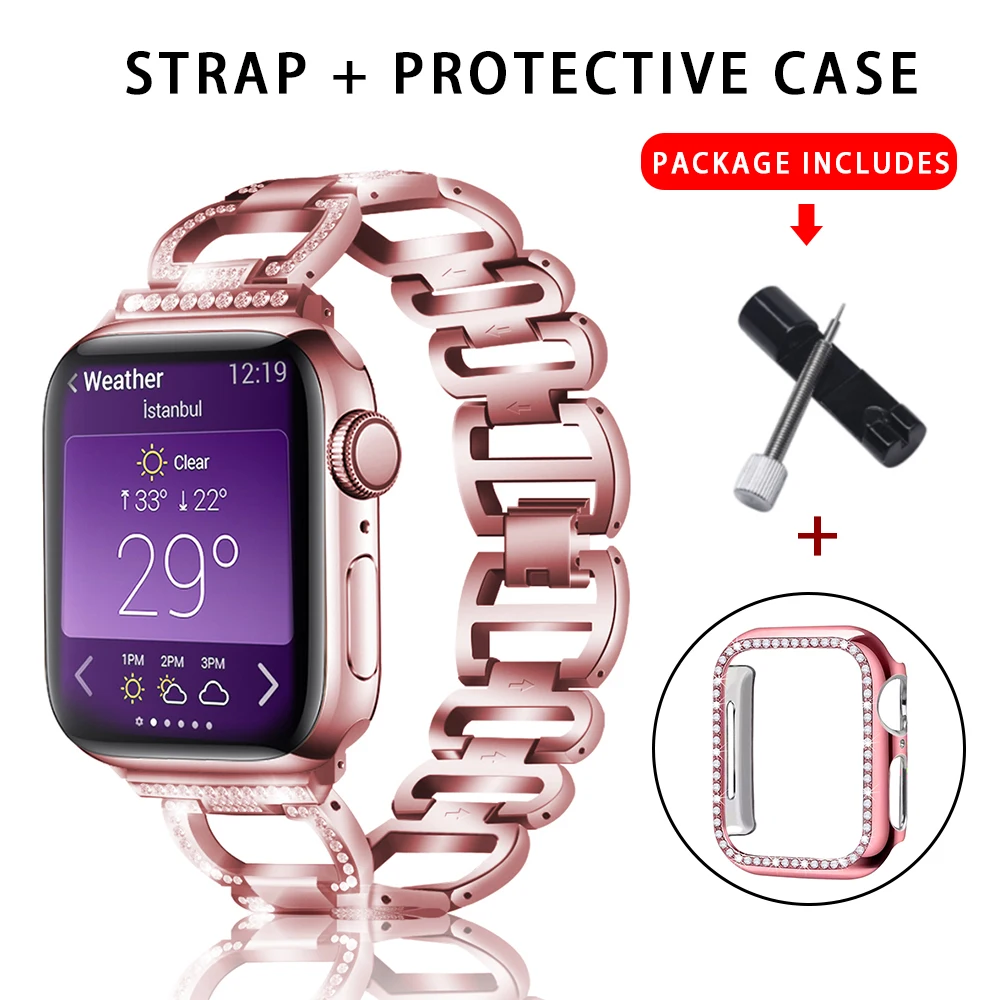 

Strap +Case Metal band Diamond Ring Stainless Steel Bracelet Suitable for Apple Watch Series 5 4 3 2 1 38mm 40mm 42mm 44mm