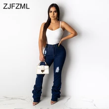 Сексуальные рваные джинсы с рюшами, женские джинсы с высокой талией и дырками, синие потертые джинсы, уличная одежда для вечеринок, женские обтягивающие джинсы размера плюс, длинные джинсы