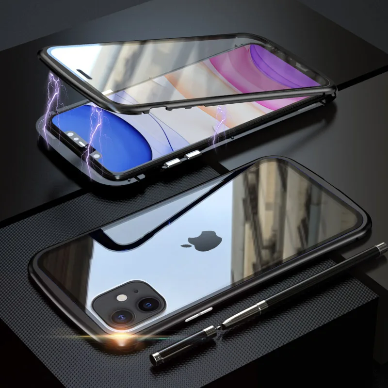 Двухсторонняя, для стекла, чехол для телефона для iPhone11 Pro Max, чехол, Магнитный чехол для iPhone 11, чехол 360, противоударный бронированный чехол - Цвет: Black