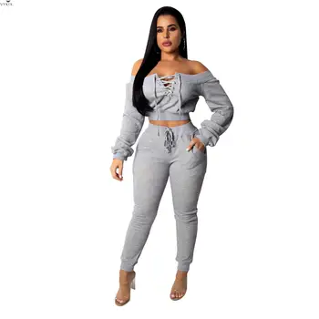 

Womens Tracksuit Set Off Shoulder Lace Up Women Two Piece Outfits Sporty Sweatshirts Pencil Long Pants Two Piece Set Suits