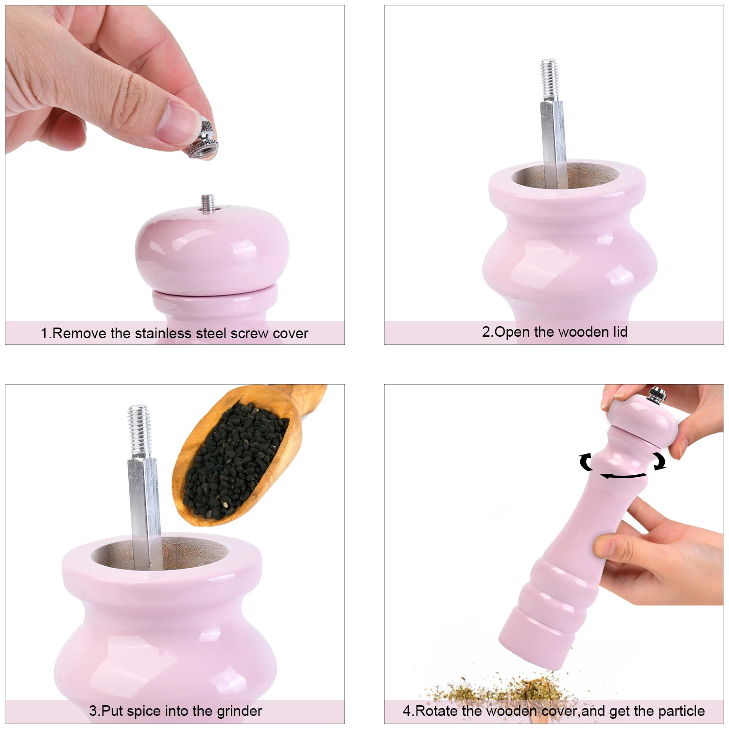 Manual Rubber wood PU Pink salt and pepper grinder with ceramic grinder core Refillable Manual Spr Wood, Spray Light pink Color