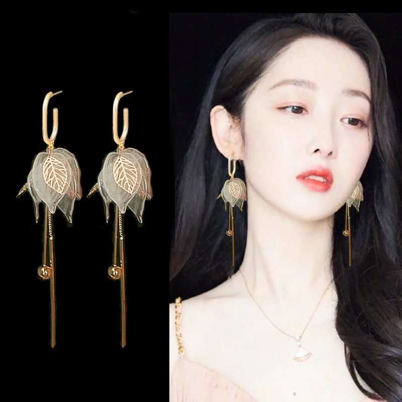 Dangle Earrings Acrylic Trendy Simple Leaf Long Tassel Geometric Gold Color Metal Party For Women