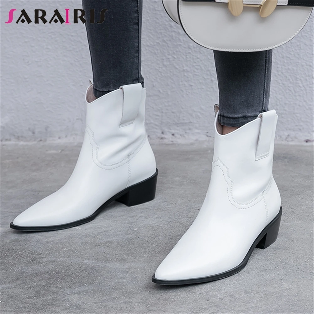 

SARAIRIS New Quality Whole Genuine Leather Booties Ladies Elegant Western Boots Women 2019 OL Med Chunky Heels Shoes Woman