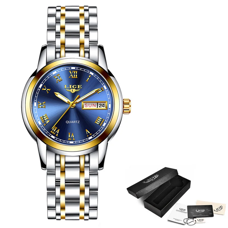 Новинка, женские часы LIGE, топ, роскошный бренд, для девушек, модные, повседневные, простые, полностью стальные, наручные часы, подарок для девушек,, Relogio Feminino - Цвет: Gold blue
