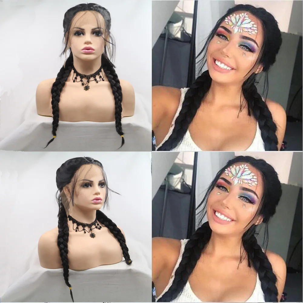 Melody Long 24" Black Braided Wig 2 Braids Highlight Big Braiding Synthetic Wig for Women