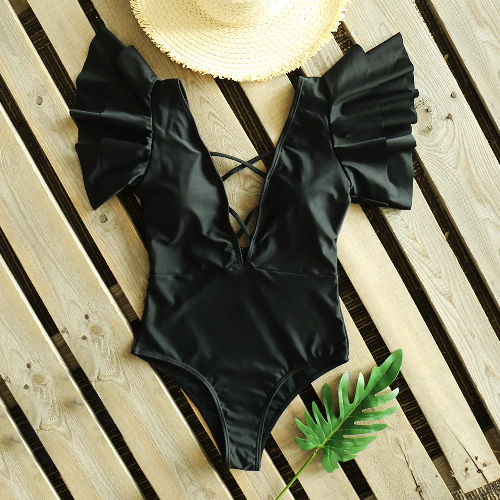 Sexy Lace Off The Shoulder Swimwear 2020 New Black White Solid Swimsuit V-Neck Ruffle Bathing Suit Beachwear Monokini Female | Спорт и