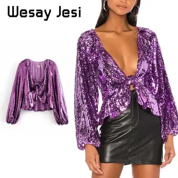 

Sequin Women Clothes England elegant V-neck Long Sleeve blouse women blusas mujer de moda 2020 sexy womens tops and blouses