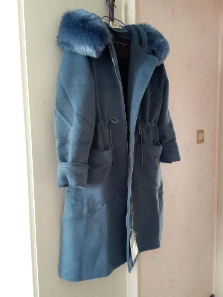 Модное женское длинное шерстяное пальто размера плюс, тонкая женская куртка на молнии с карманами и меховым воротником, синее шерстяное пальто
