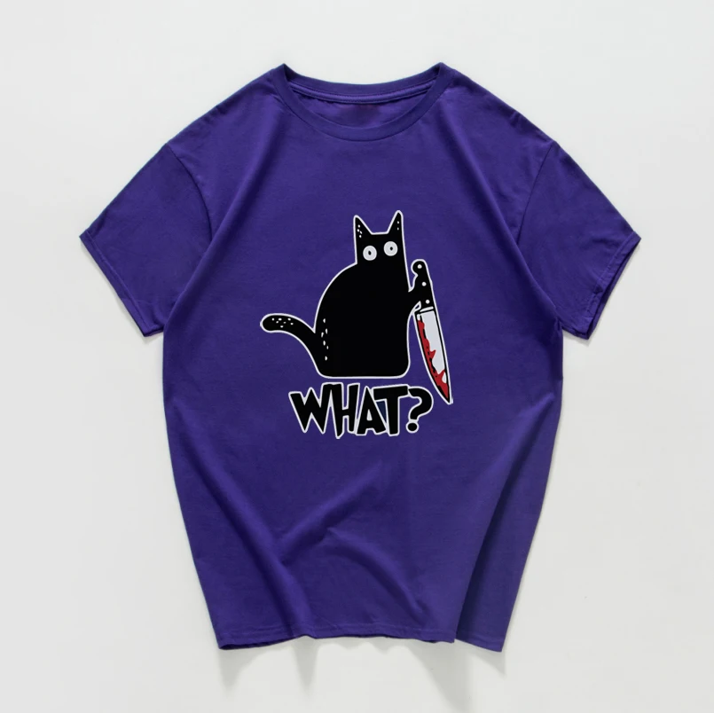 Забавная Мужская футболка с котом, Винтажная футболка унисекс с рисунком кота и ножа, новинка, уличная Мужская футболка, мужская одежда - Цвет: F590MT purple