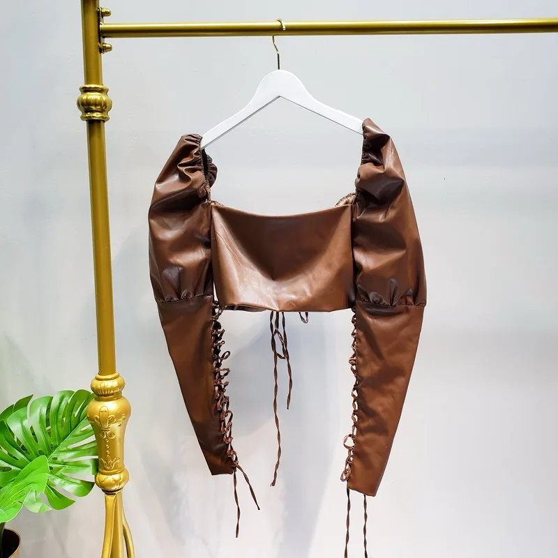 SHENGPALAE новинка 2019 модный осенний короткий топ из искусственной кожи с завязками