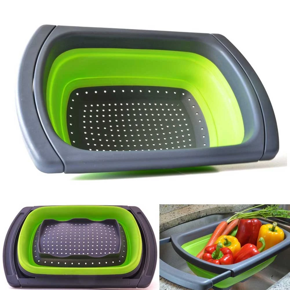 

Foldable Silicone Drain Basket Wash Fruit Sink Square Drip Tray Round Plastic Filter Sieve Vegetable Basketry