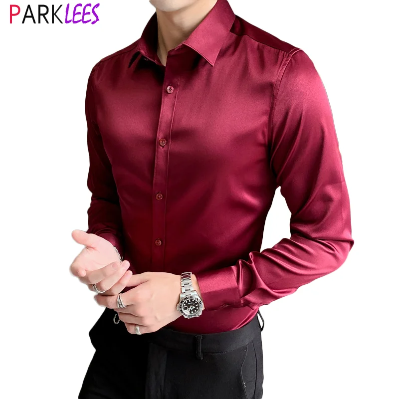 Wine Red Satin Luxury Dress Shirts 2020 Brand New Slim Fit Long Sleeve Men Casual Smooth Stretch Chemise Homme 5XL _ - AliExpress Mobile