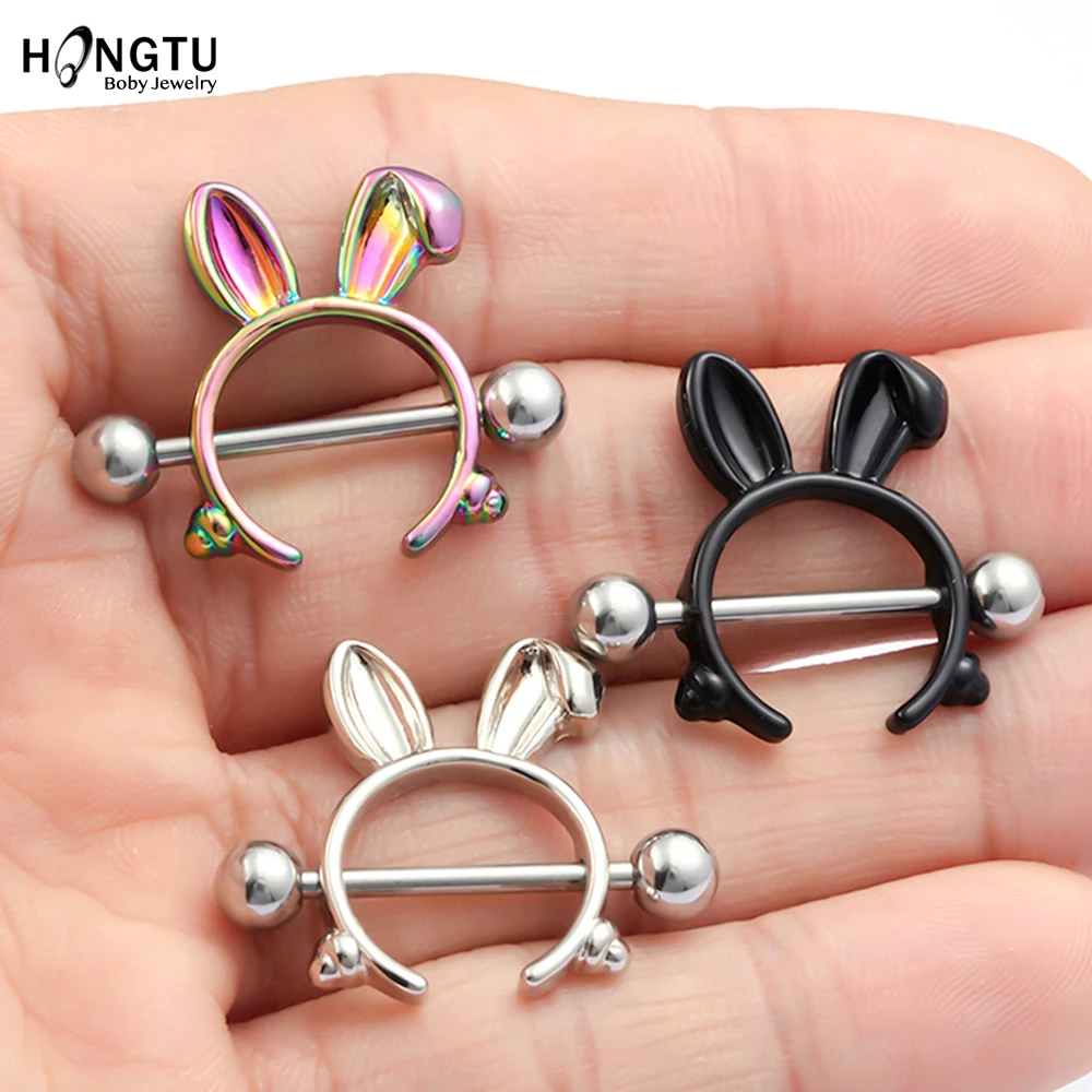 

HONGTU 1 Pair Hot Sale Rabbit Nipple Ring Piercing Jewelry Punk 3 Color 316L Stainless Steel Nipple Cover Body Jewelry for Gift