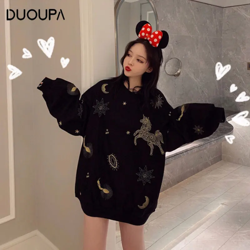 

2019 Spring And Autumn New Fashion Pullover Women's Korean Version Ins Loose Round Neck Trend Embroidery Long-sleeved