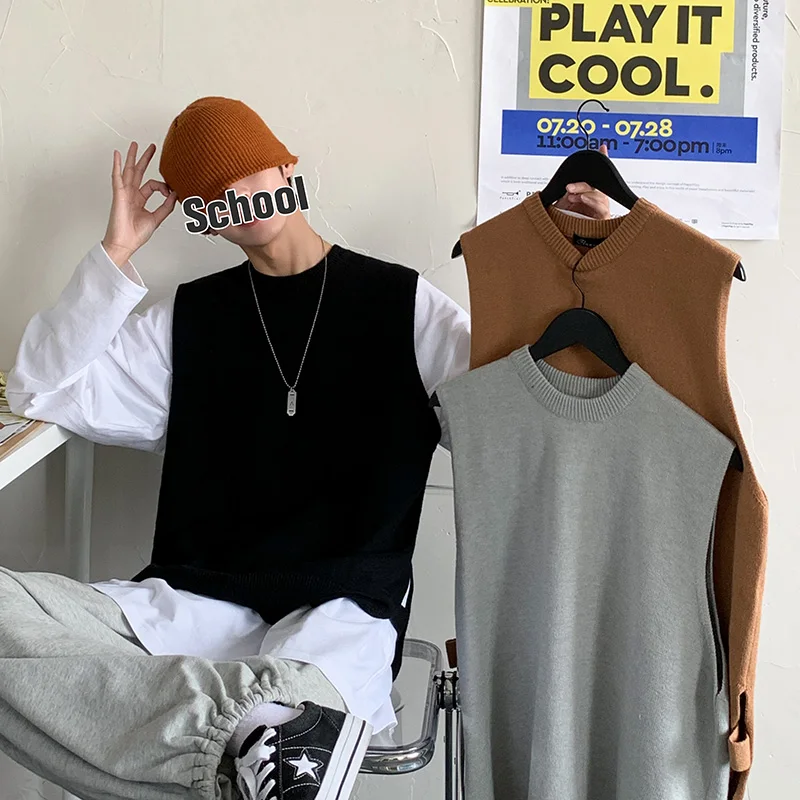 Autumn Sweater Vest Men Oversized Loose Knitted Waistcoat Student Korean Preppy Style Casual Side-split Solid Sleeveless Jumpers