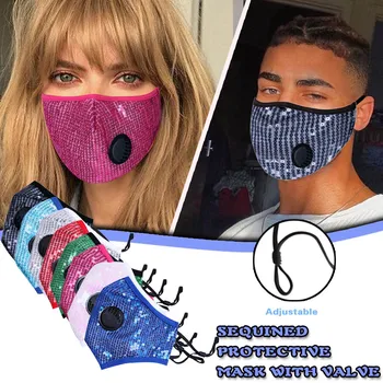 

Sequin Adult Reusable Face Shield With Valves Breathable Cloth Face Mask Windproof Mouth Mask Washable Face Shield mascarillas