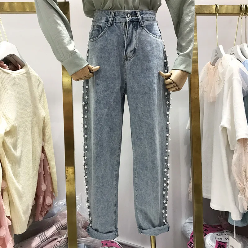 

Fall 2019 Pants Loose-fitting Retro Nail Beaded Wide-legged Straight-barrel Jeans Pants Pockets Fake Zippers Jeans Pants Woman