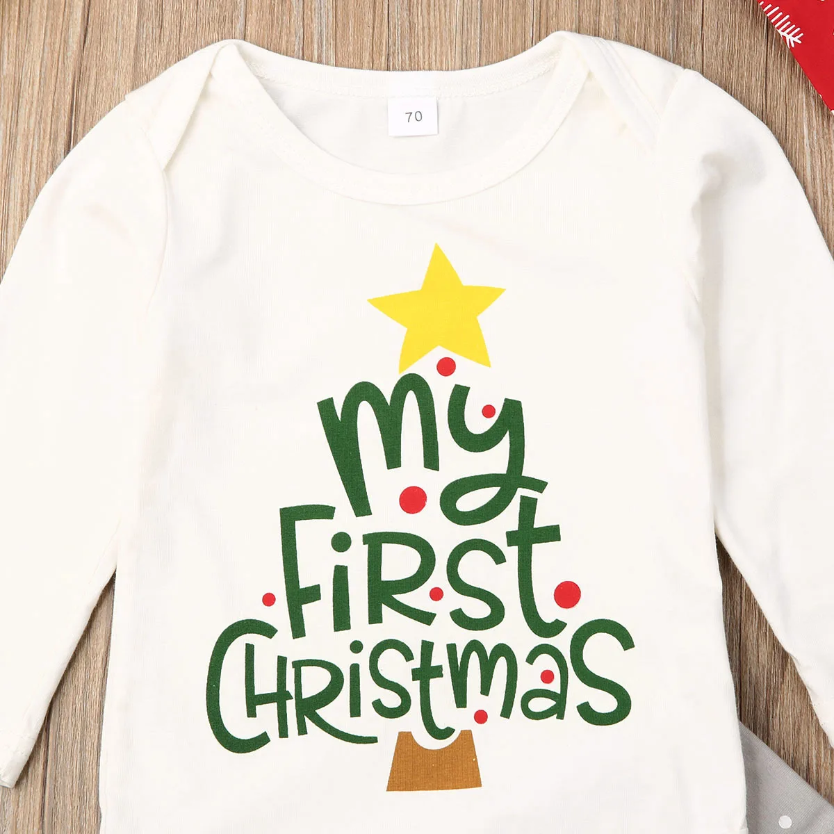 Pudcoco/Одежда для новорожденных мальчиков и девочек Рождественский комбинезон с длинными рукавами и принтом «My 1st», топы, длинные штаны, шапка, комплект одежды из 3 предметов