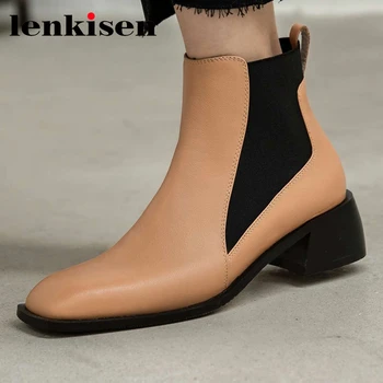 

Lenkisen British style genuine leather square toe med heel Chelsea boots young lady streetwear fashion modern ankle boots L66
