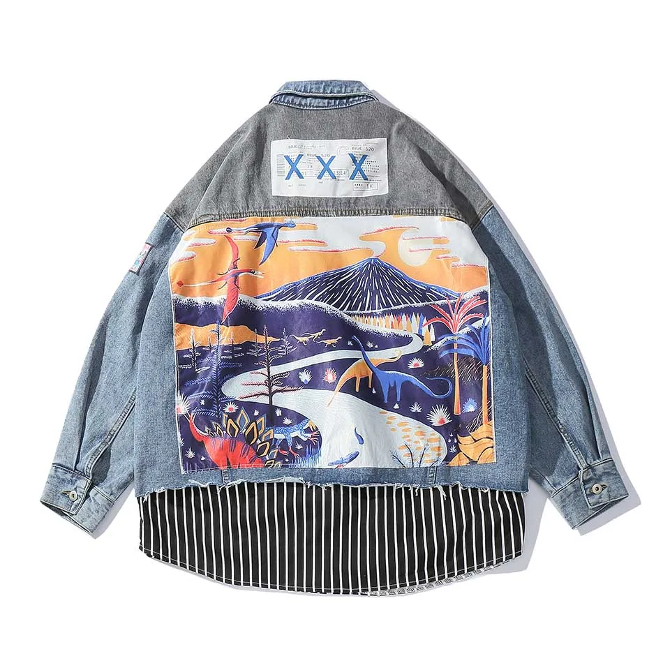 

Color Block Animal Sunset Harajuku Jaqueta Masculino Ripped Jeans for Men Streetwear Chaqueta Hombre Shirt Hem Bomber Jacket