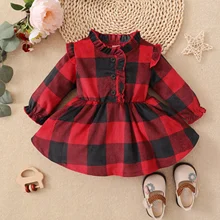 Ecavus Spring Girl Plaid Dress Baby New Round Neck Long-sleeved Shirt Dress Girl Red Stitching Casual Skirt Baby Girl Clothes
