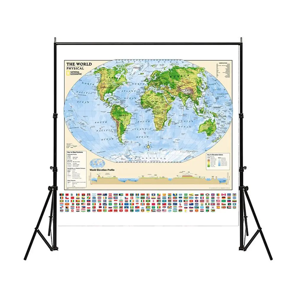 

150x150cm World Map Elevation Profile With Key to Map Features And Elevation Colors Non-woven Foldable World Map with Flag
