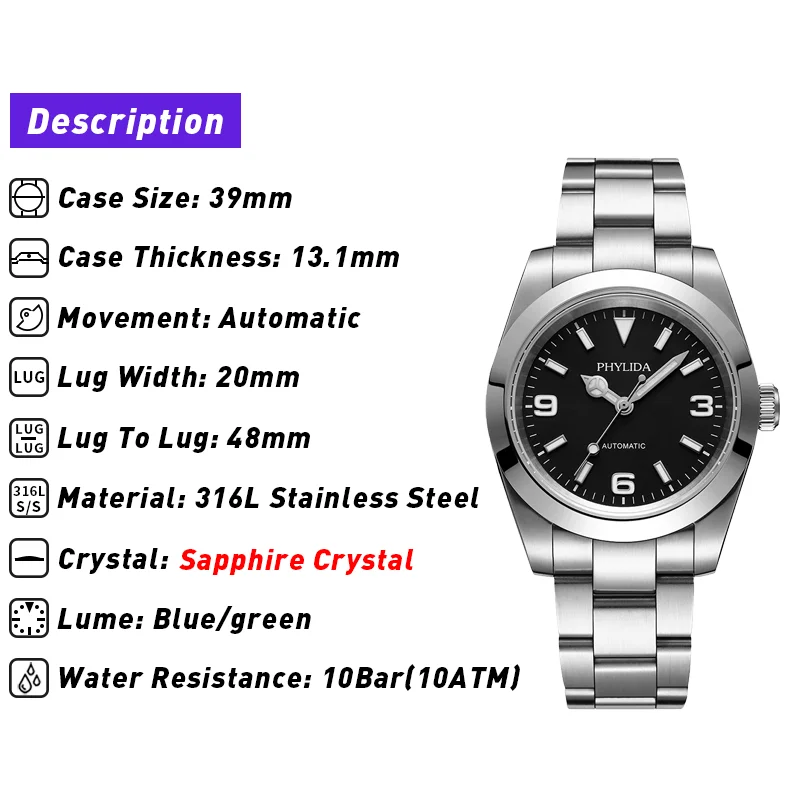 NEW 39mm Automatic Mechanical Luxury Watch Explore Black Dial 100M Water Resistant Brushed Bracelet