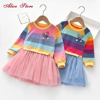 

2020 Spring and Autumn Children's Girls Dresses Long Sleeve Striped Colorful Rainbow Dresses Princess Cute Party Dress for 2-7Yr