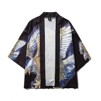 

Summer New Seven-point Sleeve Kimono Opening Eagle Print Youth Men's Robe Coat Coulpe Loose Japanese Leisure Suncreen Clothing