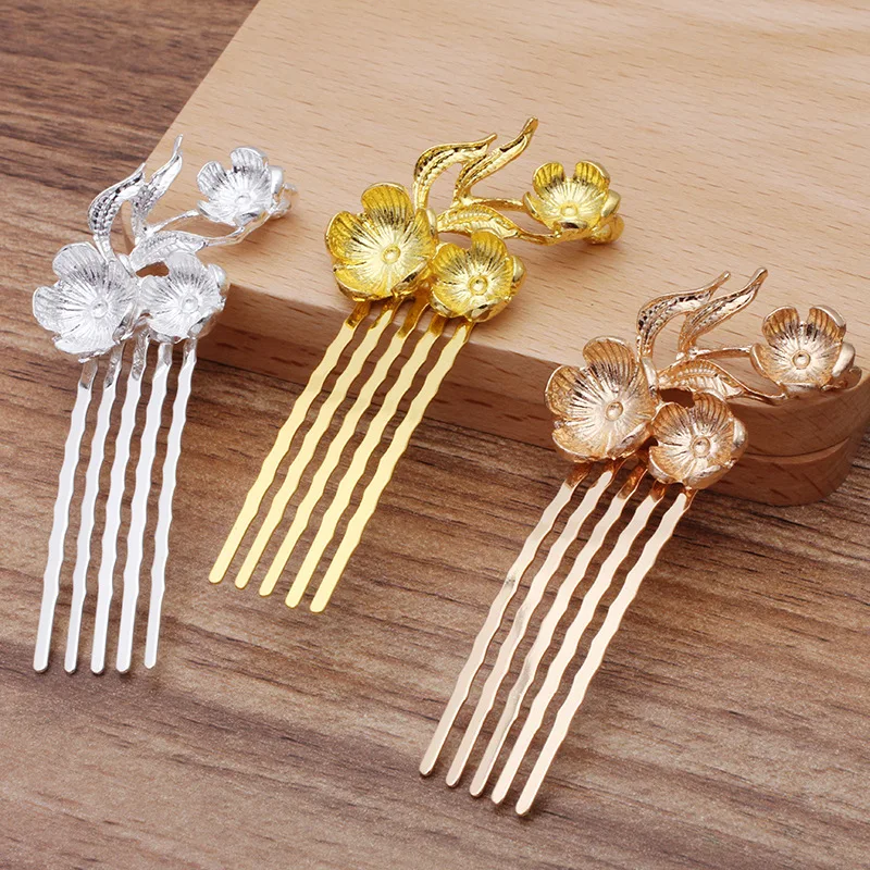 10 PCS 50x15mm 합금 꽃 지점 머리카락베이스 골드/실버 5 치아 헤어 빗 설정 DIY 쥬얼리 액세서리